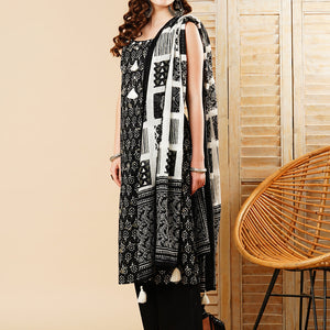 Ethnic Printed Straight Kurta with Palazzo & Pure Cotton Dupatta - Black