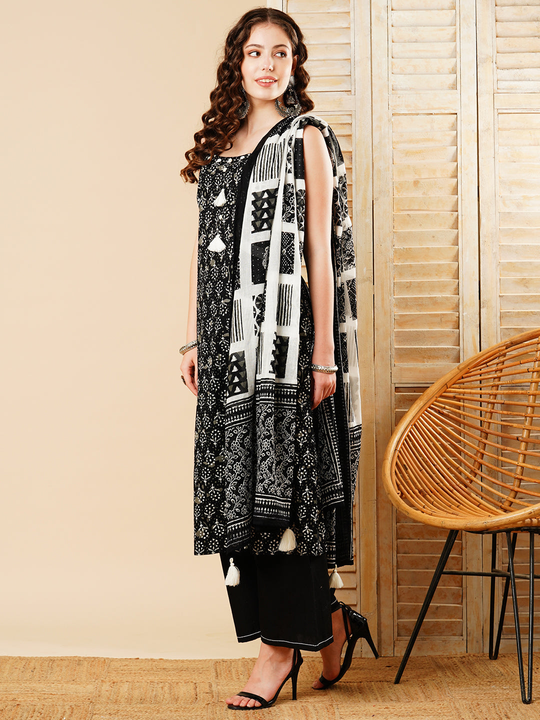 Ethnic Printed Straight Kurta with Palazzo & Pure Cotton Dupatta - Black