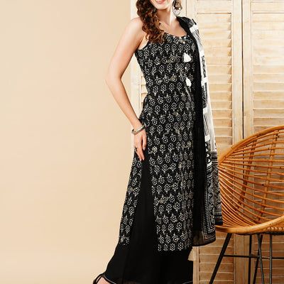 Ethnic Printed Straight Kurta with Palazzo & Pure Cotton Dupatta - Black