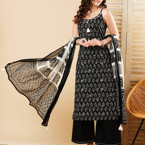 Ethnic Printed Straight Kurta with Palazzo & Pure Cotton Dupatta - Black