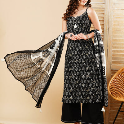 Ethnic Printed Straight Kurta with Palazzo & Pure Cotton Dupatta - Black