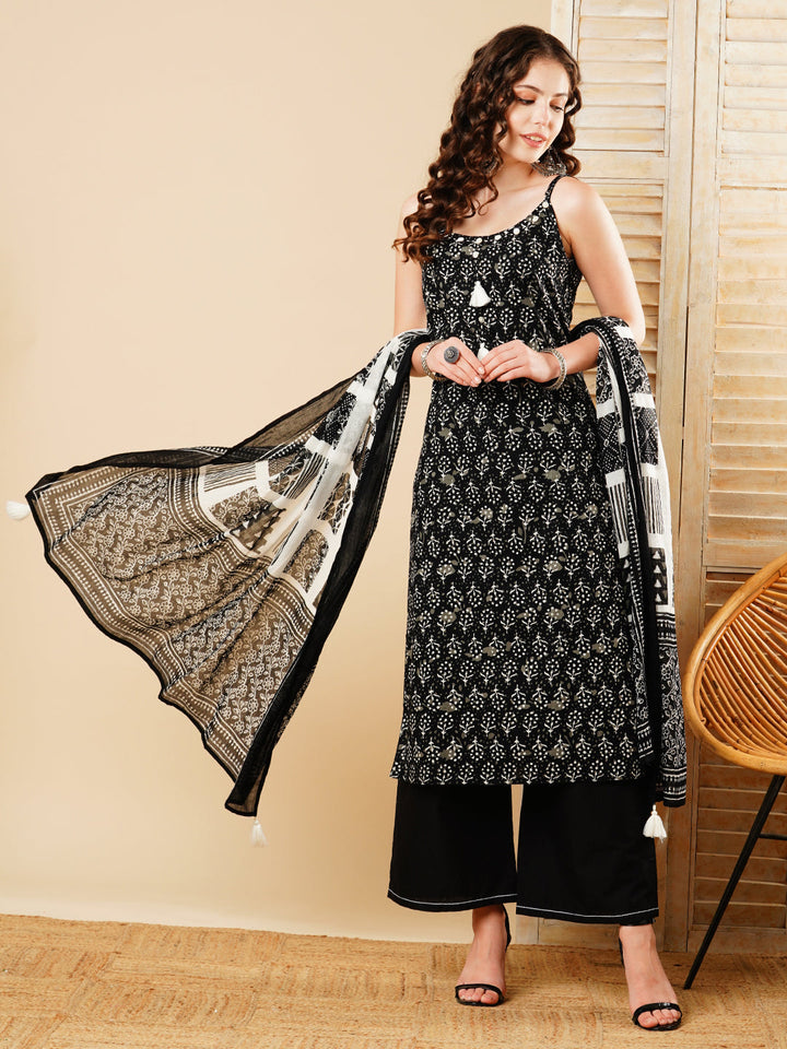 Ethnic Printed Straight Kurta with Palazzo & Pure Cotton Dupatta - Black