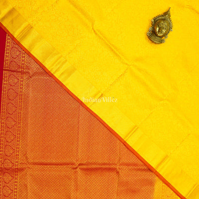 Golden Yellow Flower Motif Pure Kanjivaram Silk Saree
