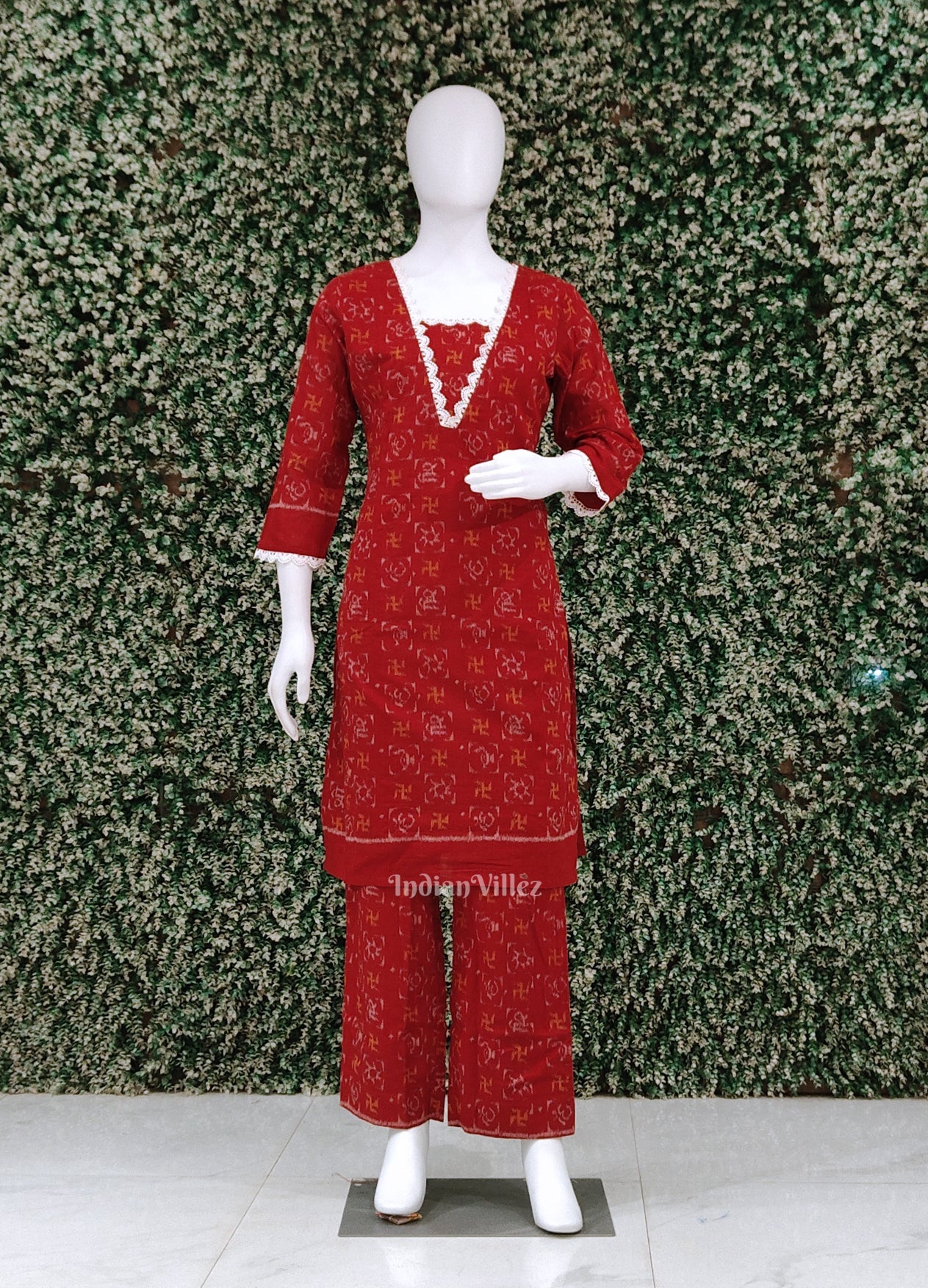 Red Swastik Odisha Ikat Designer Cotton Kurti with Palazzo (Co-Ords Set)