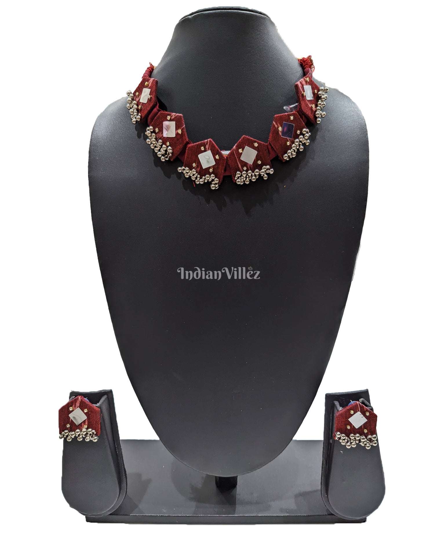Maroon Silver Beads Sambalpuri Fabric Choker Jewellery - Necklace & Earrings Set