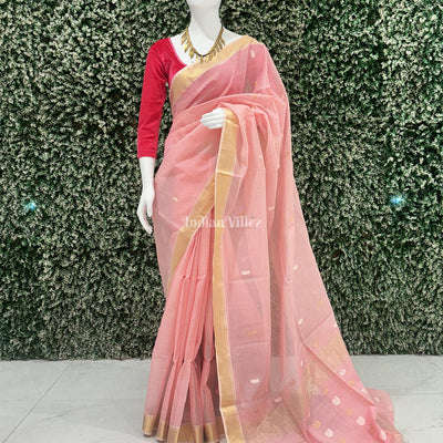 Peach Pure Silk Cotton Maheshwari Saree with Zari Border