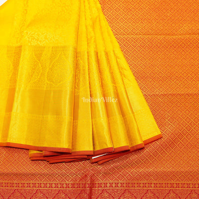 Golden Yellow Flower Motif Pure Kanjivaram Silk Saree