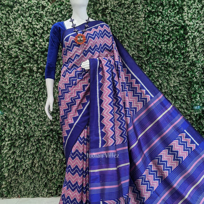 Baby Pink Blue Waves Odisha Ikat Contemporary Designer Saree