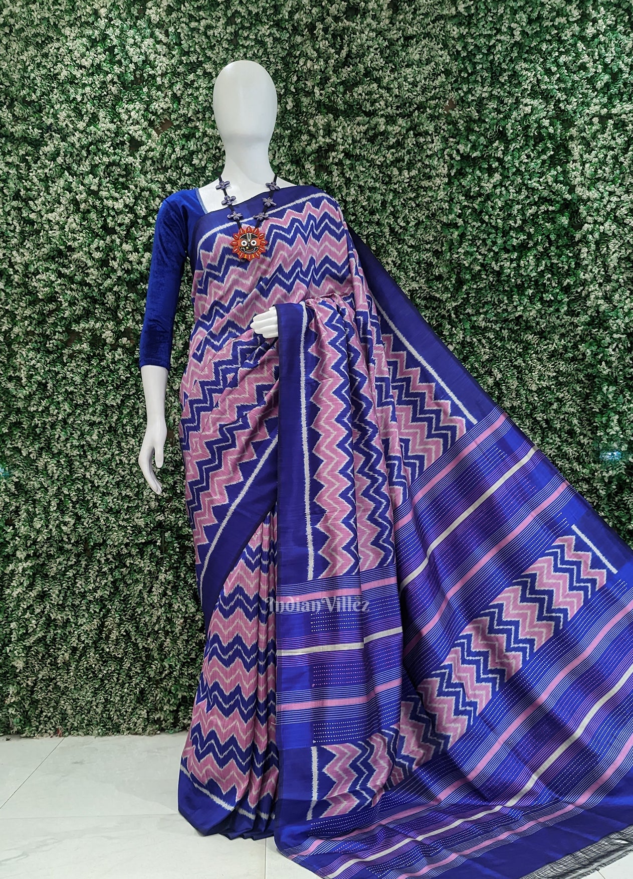 Baby Pink Blue Waves Odisha Ikat Contemporary Designer Saree