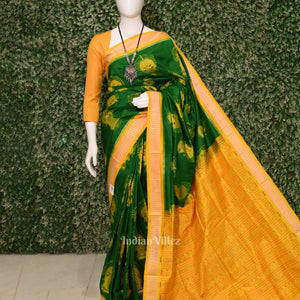 Green Yellow Nartaki Face Head Sambalpuri Ikat Silk Saree