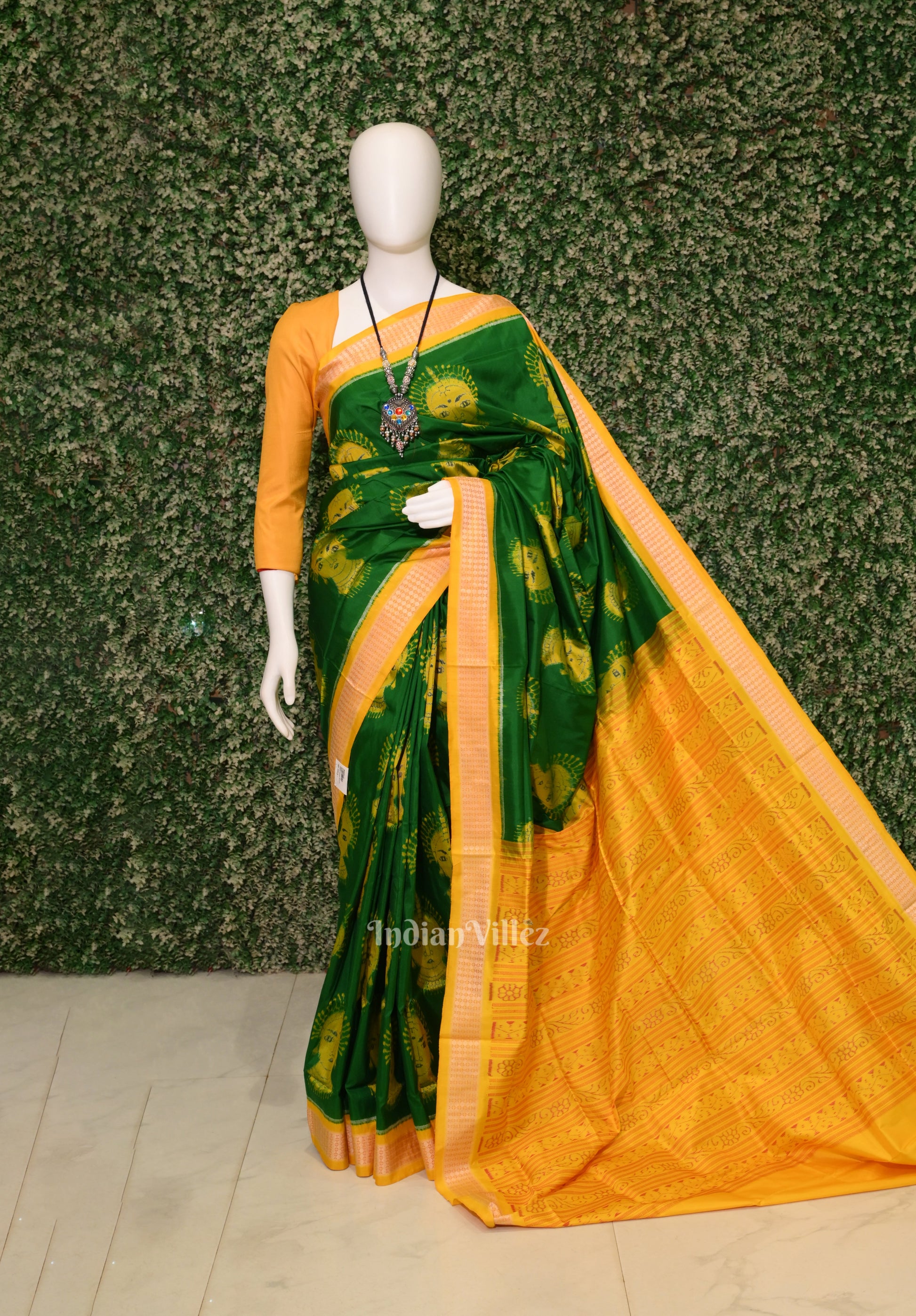 Green Yellow Nartaki Face Head Sambalpuri Ikat Silk Saree