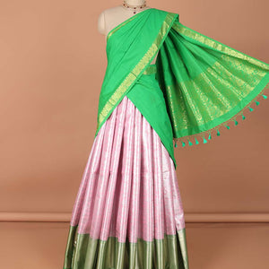 Pink  floral jaal jacquard art-silk half saree, contrast traditional zari border,zari design blouse & floral zari design dhavani