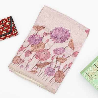 Taupe Handwoven Linen Saree Printed With Floral Motifs