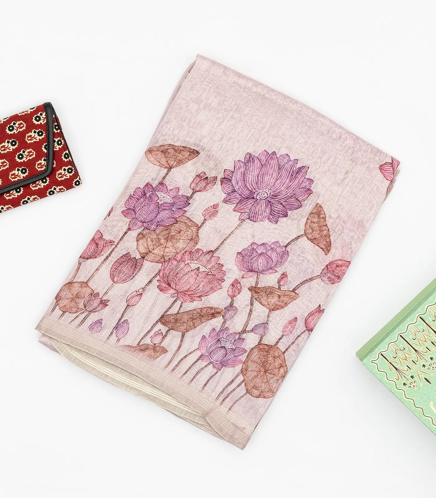 Taupe Handwoven Linen Saree Printed With Floral Motifs