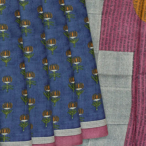 Blue Handloom Printed Tussar Silk Saree With Floral Motifs-Blue