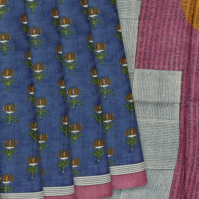 Blue Handloom Printed Tussar Silk Saree With Floral Motifs-Blue