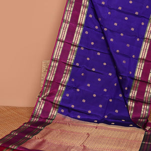 Blue zari buttas silk saree, contrast jaal pallu & rettai pettu border of rekku,Muthu,banaras & mayil poun