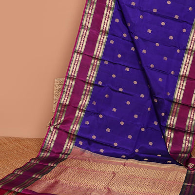 Blue zari buttas silk saree, contrast jaal pallu & rettai pettu border of rekku,Muthu,banaras & mayil poun