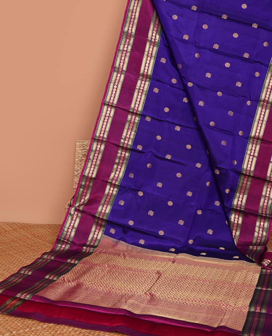 Blue zari buttas silk saree, contrast jaal pallu & rettai pettu border of rekku,Muthu,banaras & mayil poun