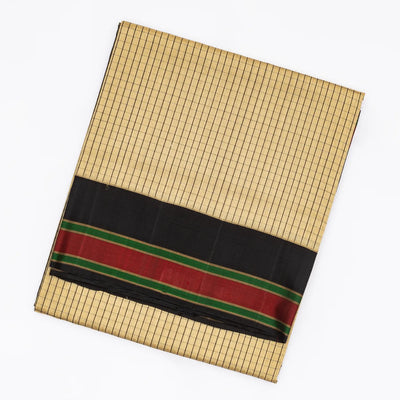 Beige Handloom Kora Silk Saree With Checks & Contrast Black Border