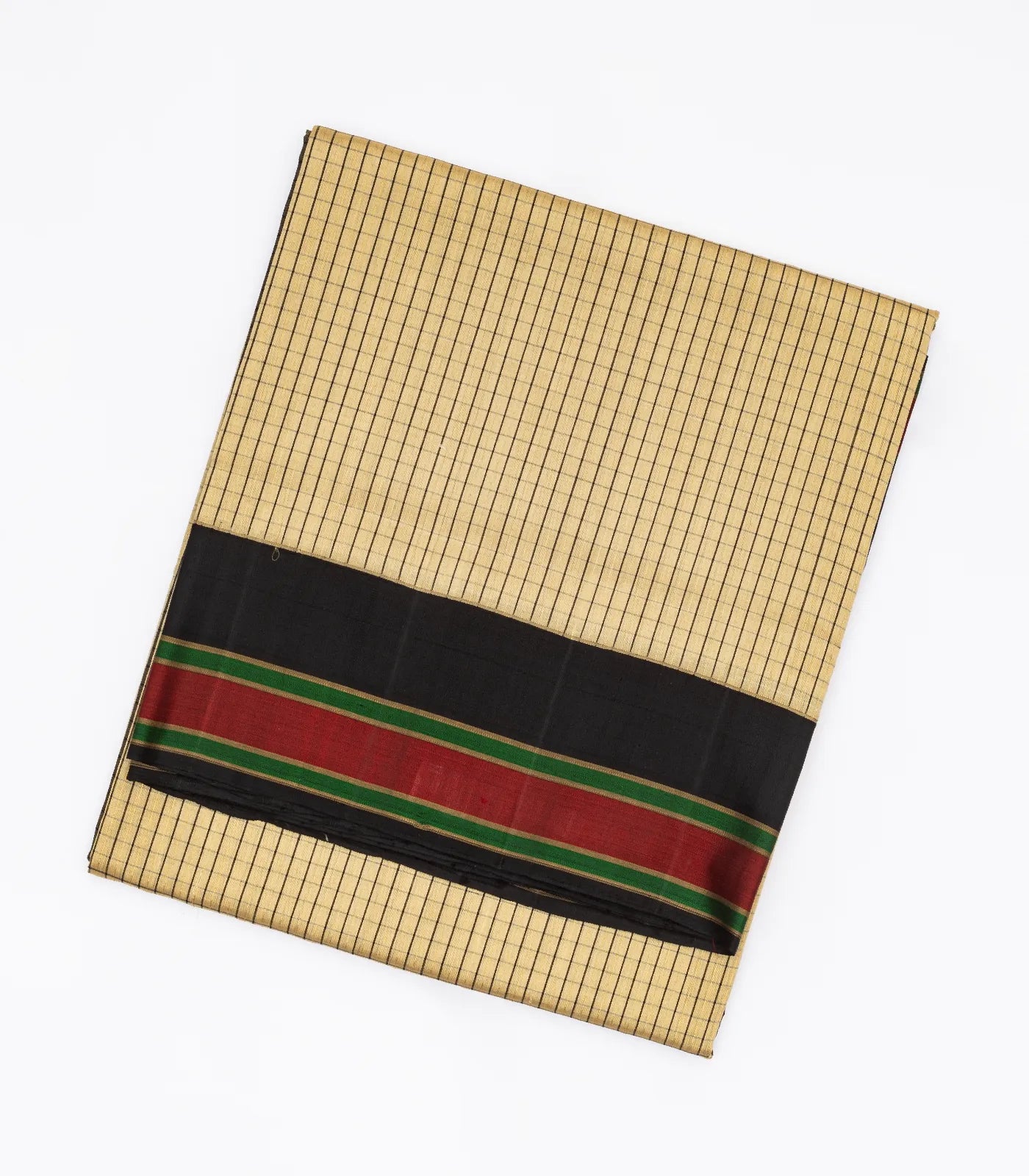 Beige Handloom Kora Silk Saree With Checks & Contrast Black Border