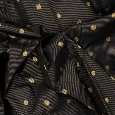 Black Handloom Kanchipuram Silk Saree With Stripes & Buttas
