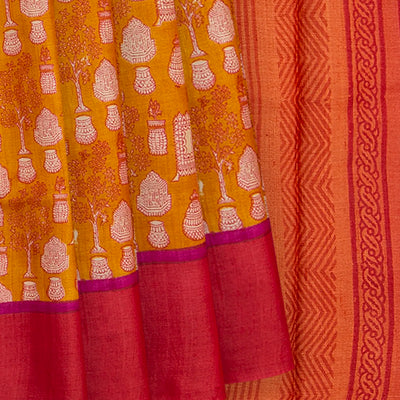 Mustard Handwoven Printed Tussar Silk Saree With Potteries Motif & Contrast Red Border-Mustard