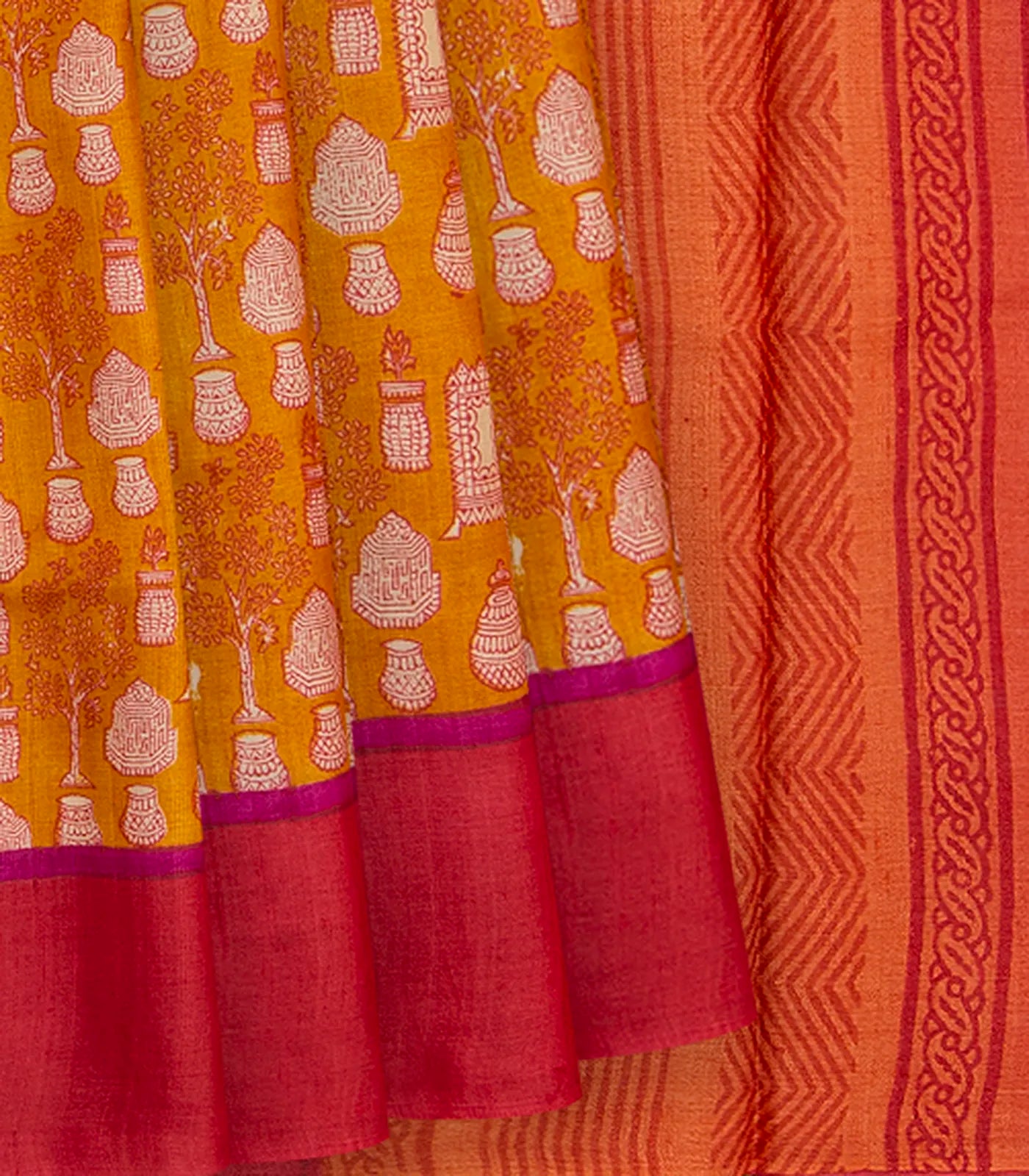 Mustard Handwoven Printed Tussar Silk Saree With Potteries Motif & Contrast Red Border-Mustard
