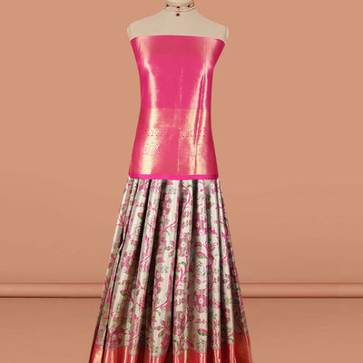 Sandal floral design art-silk half saree, contrast traditional zari border, zari design blouse & striped, floral design dhavani
