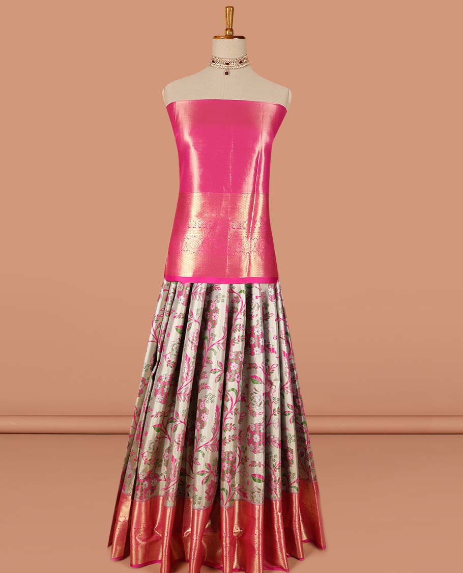 Sandal floral design art-silk half saree, contrast traditional zari border, zari design blouse & striped, floral design dhavani