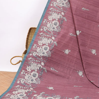 Maroon floral embroered semi-banaras tussar saree with contrast plain border