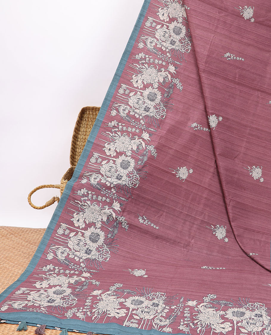 Maroon floral embroered semi-banaras tussar saree with contrast plain border