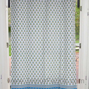 Sky Blue Floral Geometric print Cotton Grommet Curtain