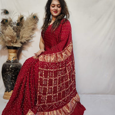 Modal Silk Barik Bandhej work Lagdi Patta Border Chex Bandhani Saree