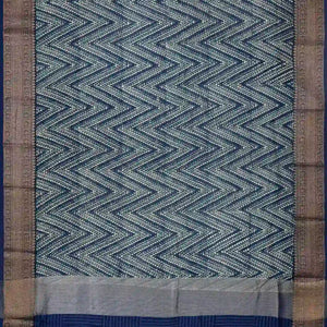 Navy Blue Woven Chanderi Cotton Saree With Printed Chevron Motifs