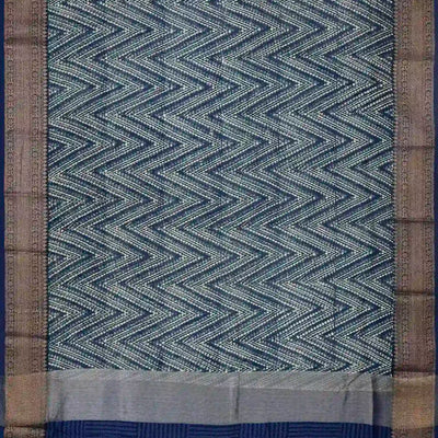 Navy Blue Woven Chanderi Cotton Saree With Printed Chevron Motifs