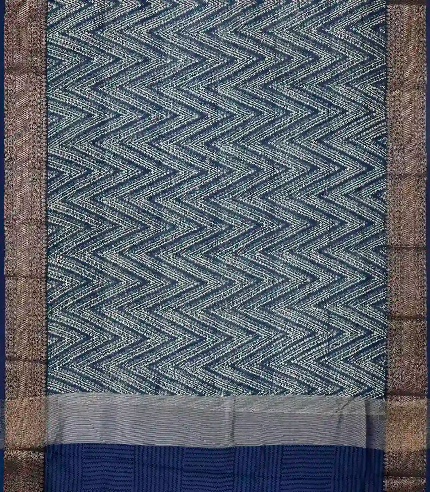 Navy Blue Woven Chanderi Cotton Saree With Printed Chevron Motifs