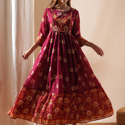 Floral Printed & Hand Embroidered A-Line Tiered Maxi Dress - Maroon