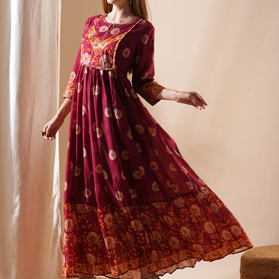 Floral Printed & Hand Embroidered A-Line Tiered Maxi Dress - Maroon