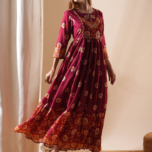 Floral Printed & Hand Embroidered A-Line Tiered Maxi Dress - Maroon