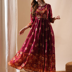 Floral Printed & Hand Embroidered A-Line Tiered Maxi Dress - Maroon