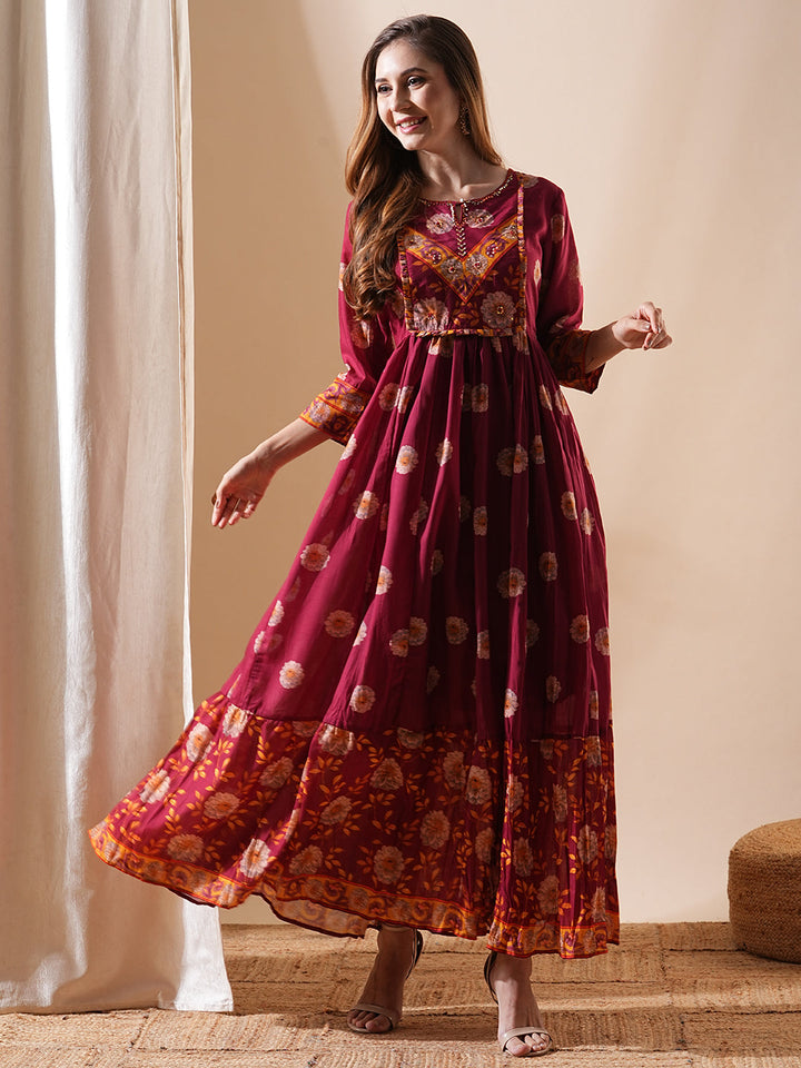 Floral Printed & Hand Embroidered A-Line Tiered Maxi Dress - Maroon