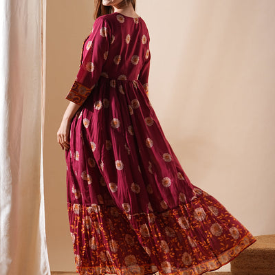 Floral Printed & Hand Embroidered A-Line Tiered Maxi Dress - Maroon