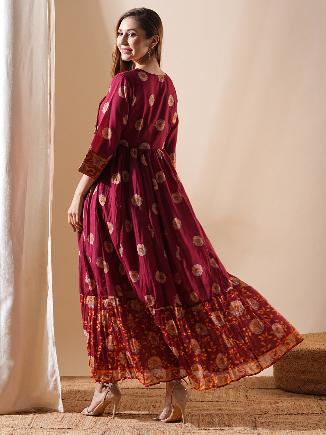 Floral Printed & Hand Embroidered A-Line Tiered Maxi Dress - Maroon