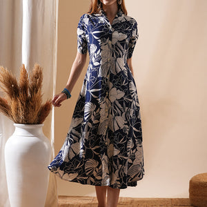 Abstract Floral Printed A-Line Flared Midi Dress - Navy Blue