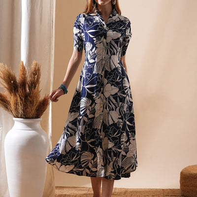 Abstract Floral Printed A-Line Flared Midi Dress - Navy Blue