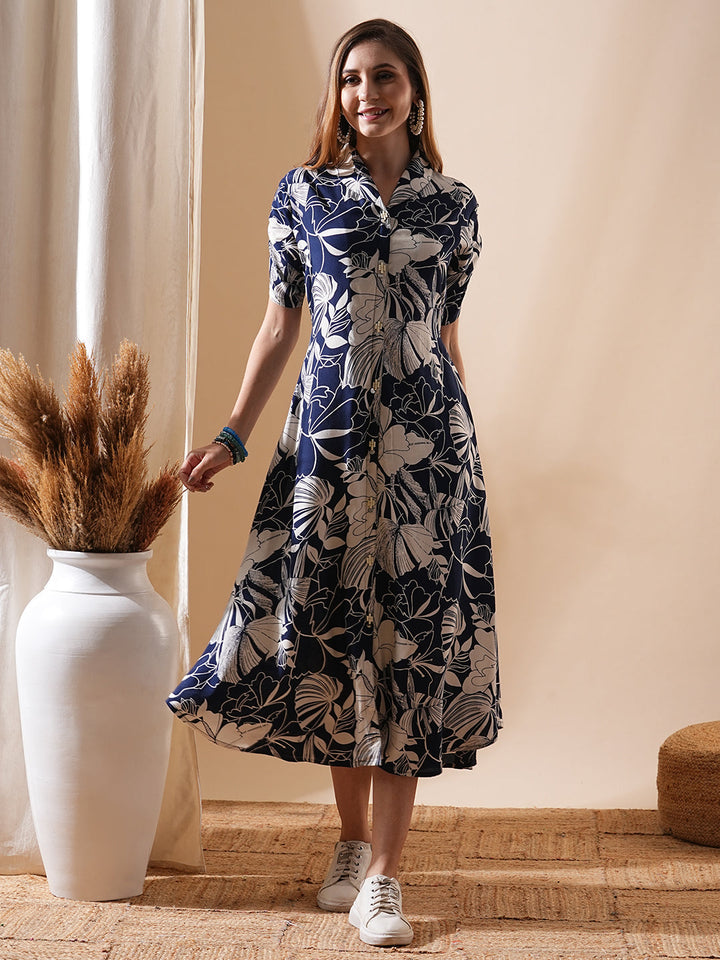 Abstract Floral Printed A-Line Flared Midi Dress - Navy Blue