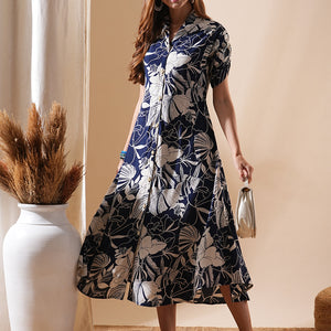 Abstract Floral Printed A-Line Flared Midi Dress - Navy Blue