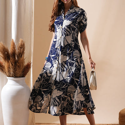 Abstract Floral Printed A-Line Flared Midi Dress - Navy Blue