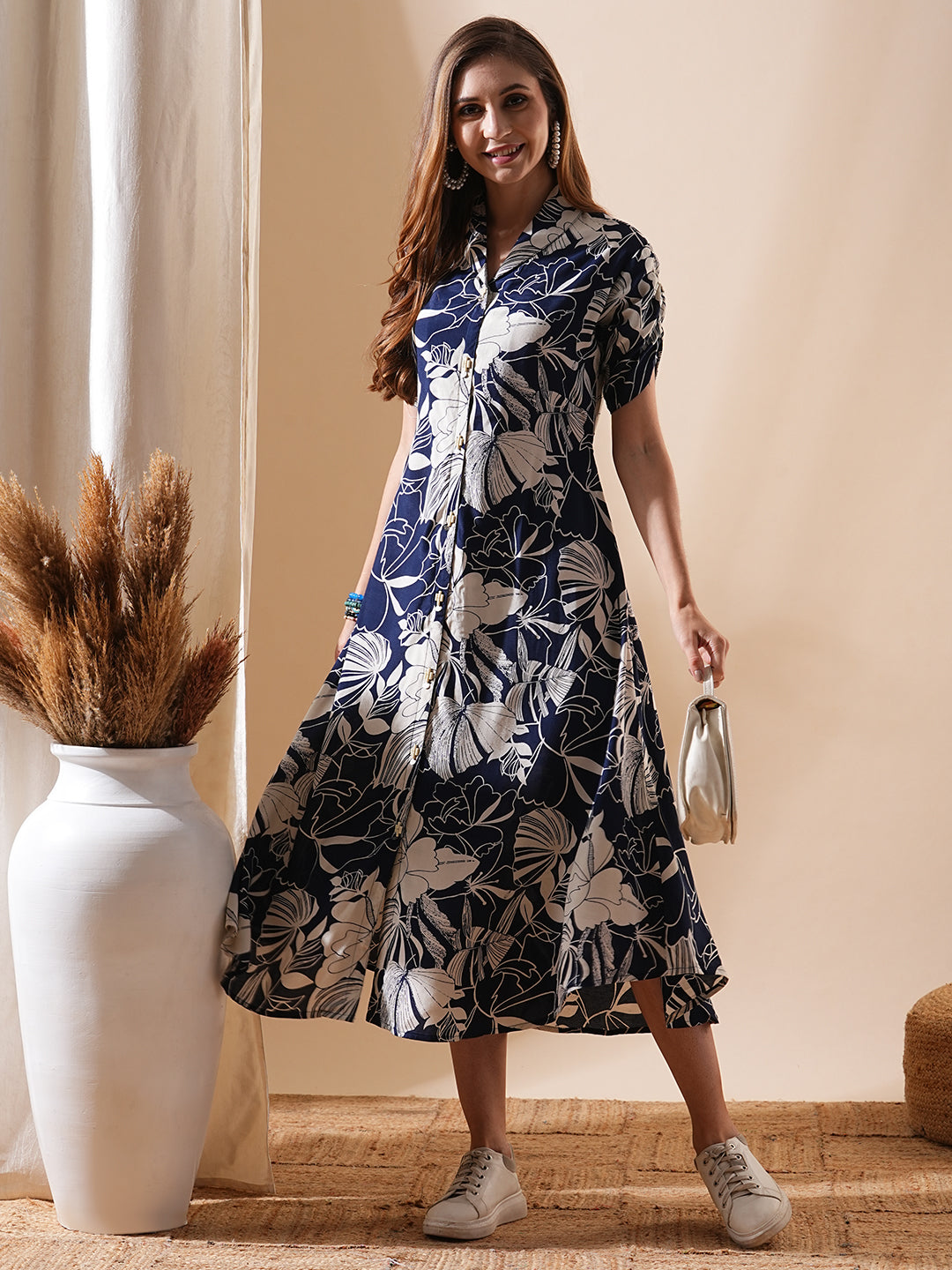 Abstract Floral Printed A-Line Flared Midi Dress - Navy Blue